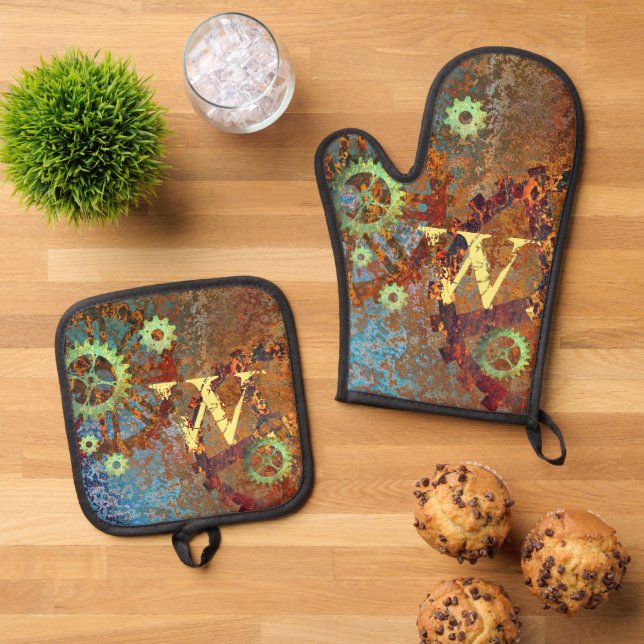 Personalised Steampunk Rusty Clockwork Gears  Oven Mitt & Pot Holder Set (Top Down)