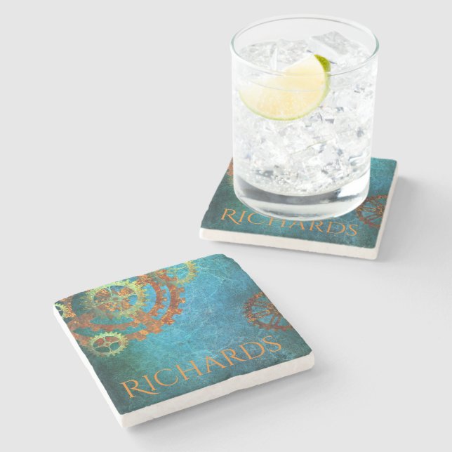 Personalised Steampunk Rusty  Gears Stone Coaster (Side)