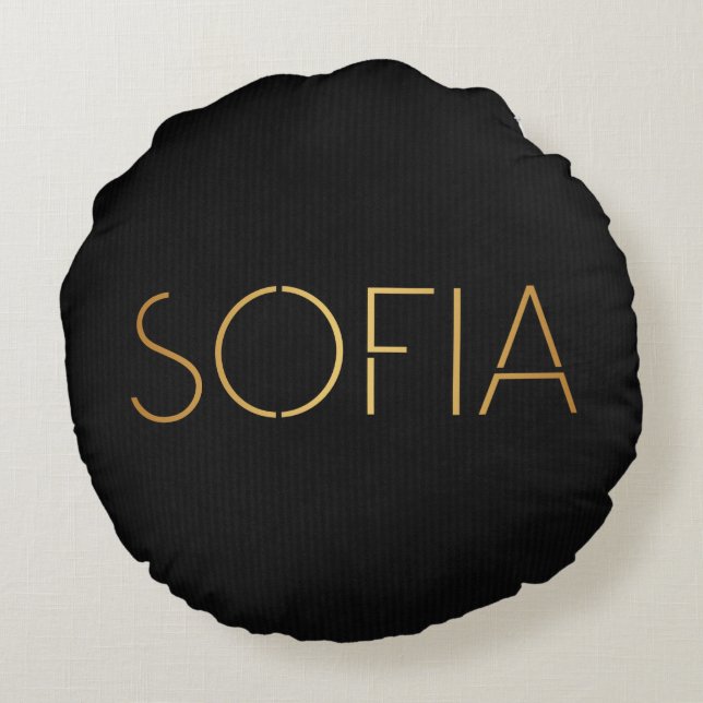 Personalised Stencil Font Sofia Gold Black Round Cushion (Back)