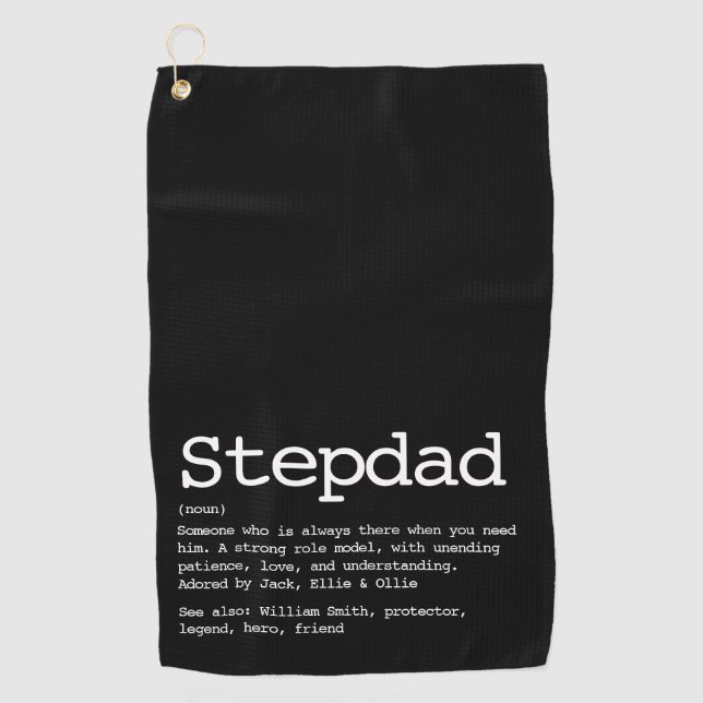 Personalised Stepdad Definition Black Golf Towel (Front)