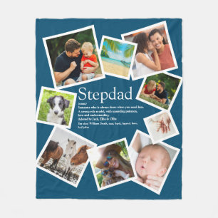 Personalised Stepdad Name Definition 9 Photo Blue Fleece Blanket