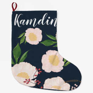 Personalised Stocking White Floral Flowers on Dark
