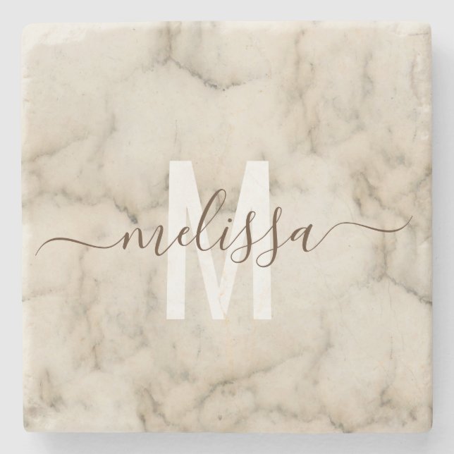 Personalised Stone Monogram Marble Handwritten Coaster (Front)