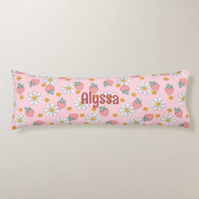 Personalised Strawberry and Daisy Patterned comfy Body Cushion (Front)