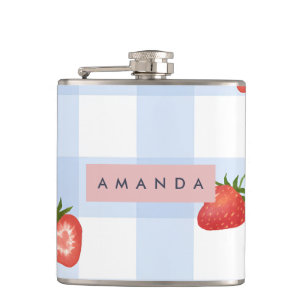 Personalised Strawberry & Blue Gingham Pattern Hip Flask