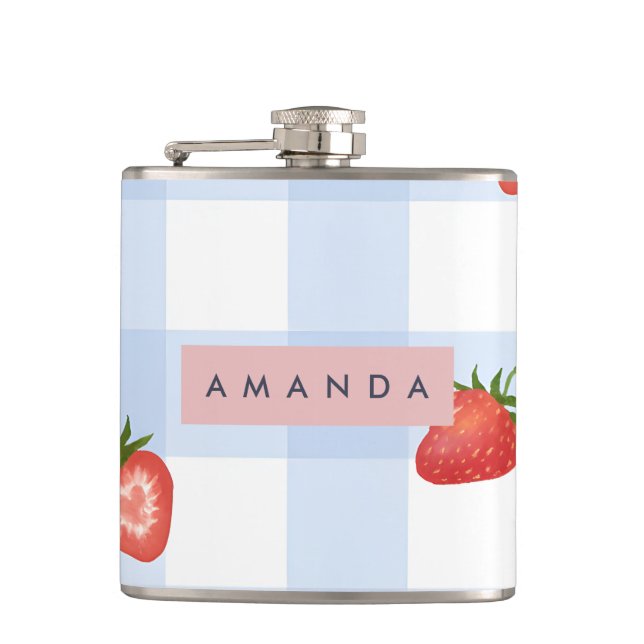Personalised Strawberry & Blue Gingham Pattern Hip Flask (Front)