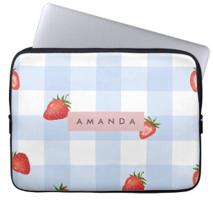 Personalised Strawberry & Blue Gingham Pattern Laptop Sleeve