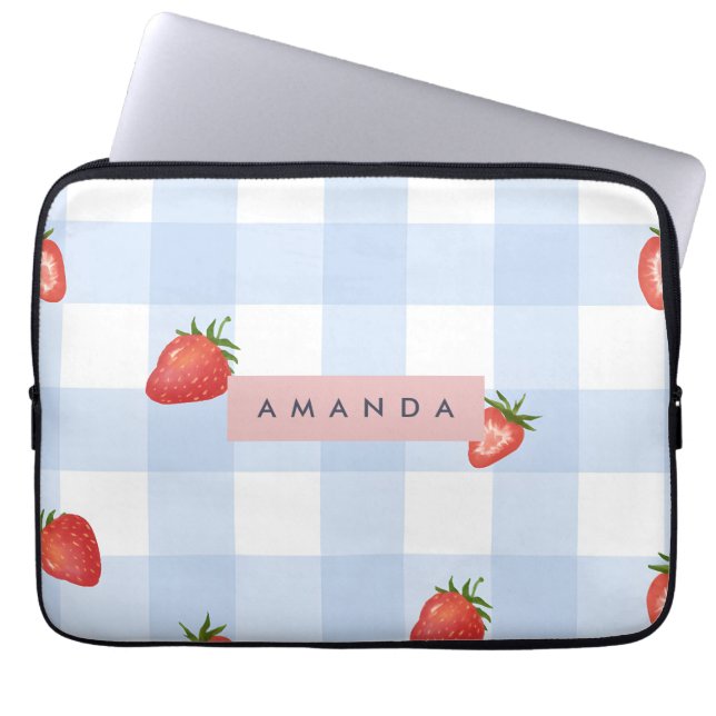 Personalised Strawberry & Blue Gingham Pattern Laptop Sleeve (Front)
