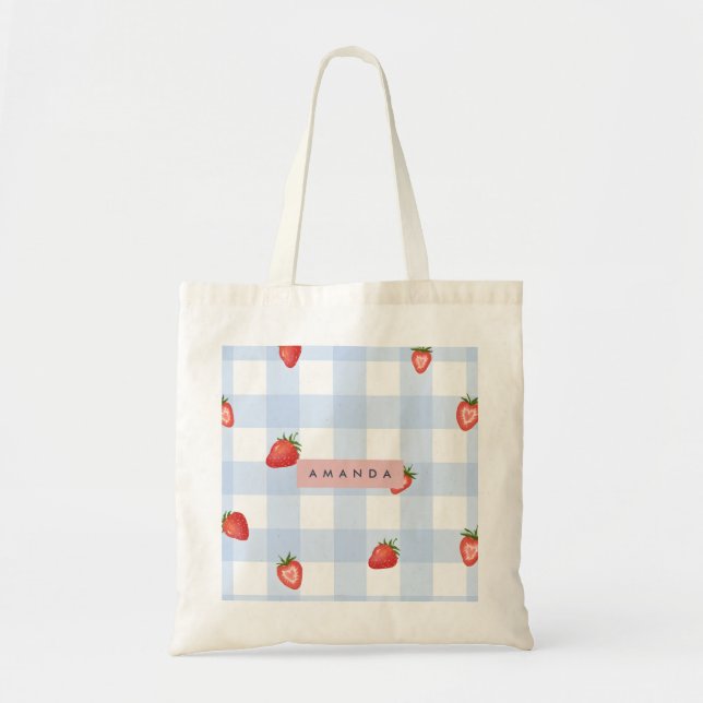 Personalised Strawberry & Blue Gingham Pattern Tote Bag (Front)