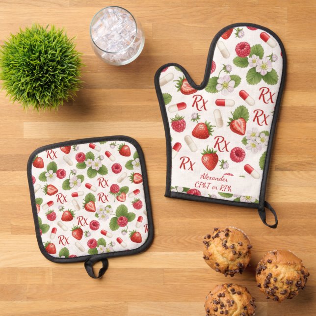 Personalised Strawberry & Capsule Pharmacy  Oven Mitt & Pot Holder Set (Top Down)