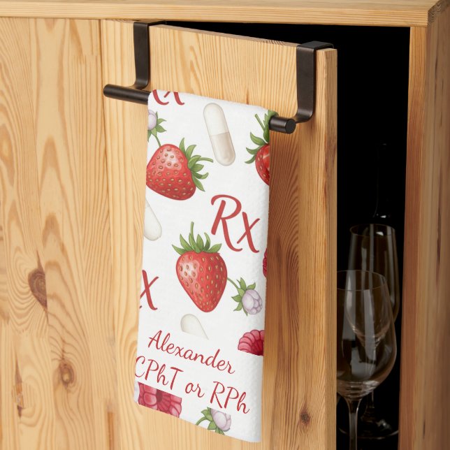 Personalised Strawberry & Capsule Pharmacy  Tea Towel (Thirds Fold)