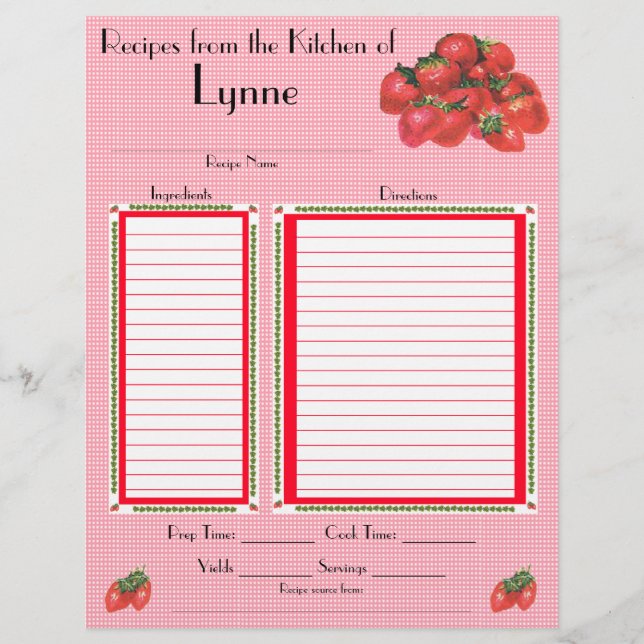 Personalised Strawberry design recipe page (Front)