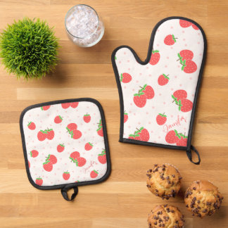 Personalised Strawberry Oven Mitt Cute Custom Kitc & Pot Holder Set