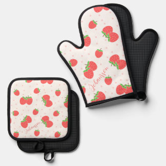 Personalised Strawberry Oven Mitt Cute Custom Kitc & Pot Holder Set
