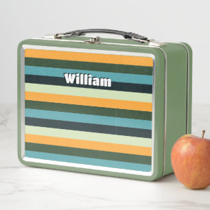 Personalised Stripe Pattern Monogram Blue Yellow Metal Lunch Box