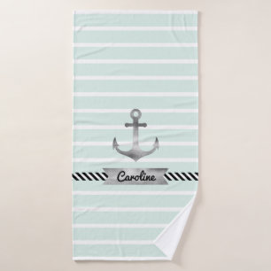 Personalised Striped Mint Green Watercolor Anchor Bath Towel Set