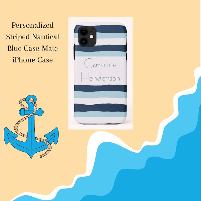 Personalised Striped Nautical Blue Case-Mate iPhone Case (Personalized Striped Nautical Blue Case-Mate iPhone Case)