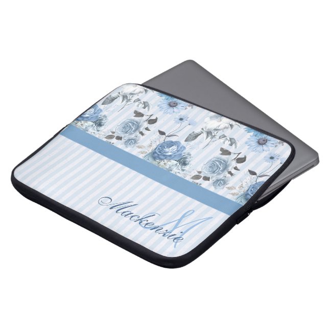 Personalised Striped Pattern With Blue Flowers Laptop Sleeve (Front Top)