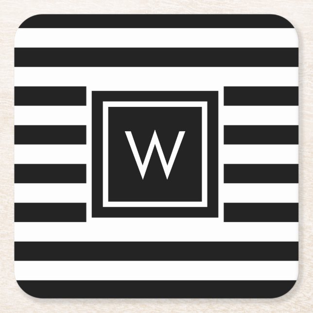 Personalised Stripey Monogram Square Paper Coaster (Front)