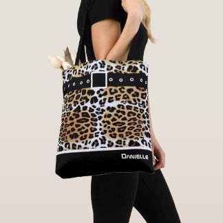 Personalised Stylish Brown White Black Leopard Tote Bag