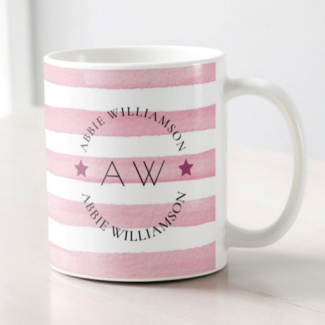 personalised stylish monogram pink stripes coffee mug (pink striped monogram coffee mug , amazing for gifting 
)