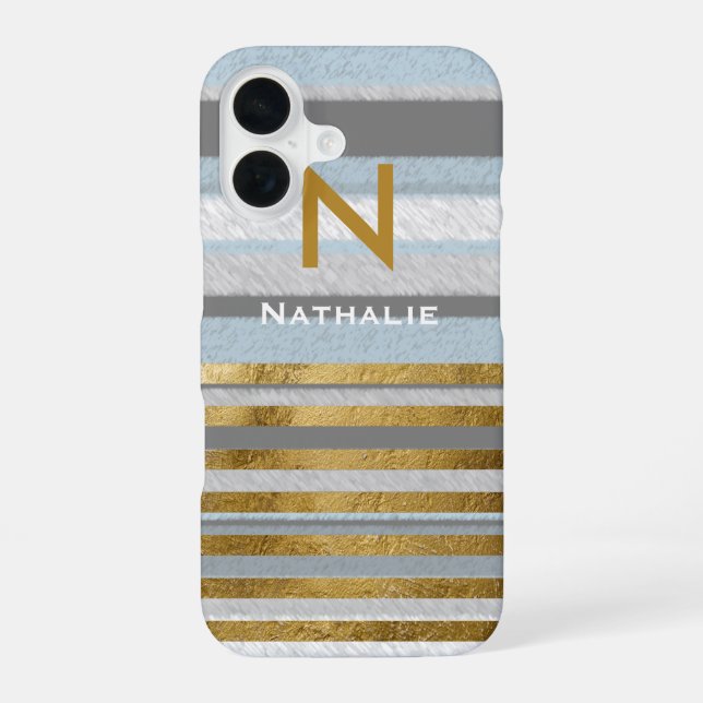personalised stylish stripes & monogram iPhone 16 case (Back)