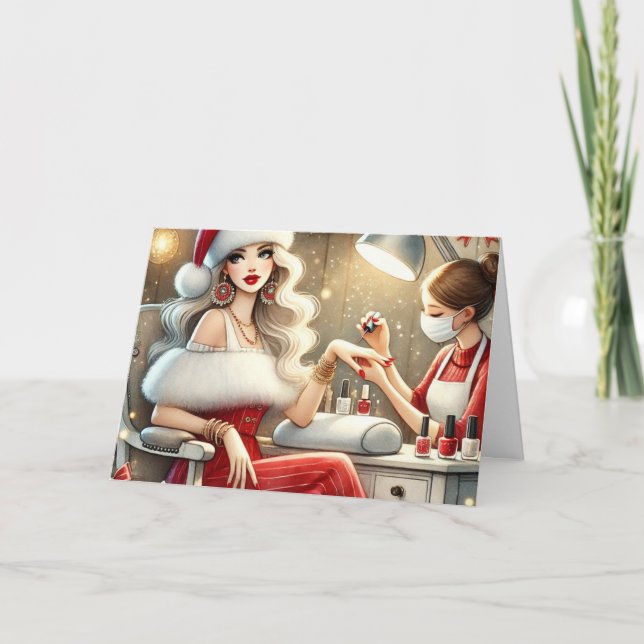 Personalised Stylish Woman Getting Manicure Xmas  Holiday Card (Front)