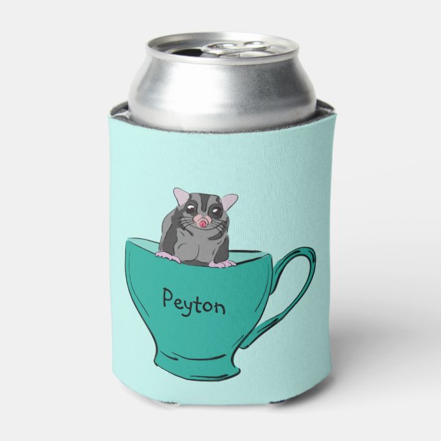 Personalised Sugar Glider in a Green Teacup Can Cooler (Can Front)