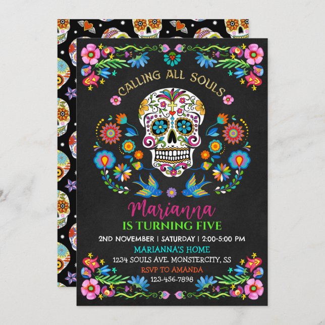 Personalised Sugar Skull Birthday Party Invitation (Front/Back)