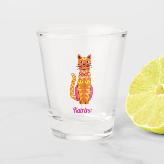 Personalised Sugar Skull Cat Halloween Shot Glass (Front)
