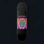 Personalised Sugar Skull Skateboard<br><div class="desc">A bold in your face edgy day of the dead skateboard personalised with painted sugar skull in orange,  turquoise and hot pink,  on a chalkboard background with a quirky font.</div>