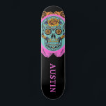 Personalised Sugar Skull Skateboard<br><div class="desc">A bold in your face edgy day of the dead skateboard with painted sugar skull in orange,  turquoise and hot pink,  on a chalkboard background with a quirky font.</div>