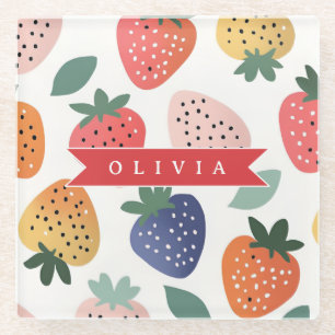 Personalised Summer Colourful Strawberry Pattern Glass Coaster