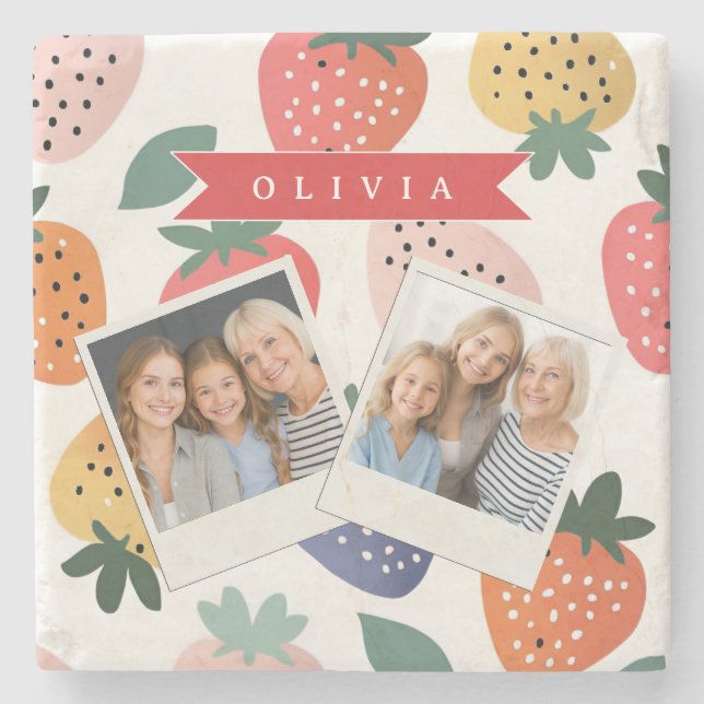 Personalised Summer Colourful Strawberry Pattern Stone Coaster (Front)