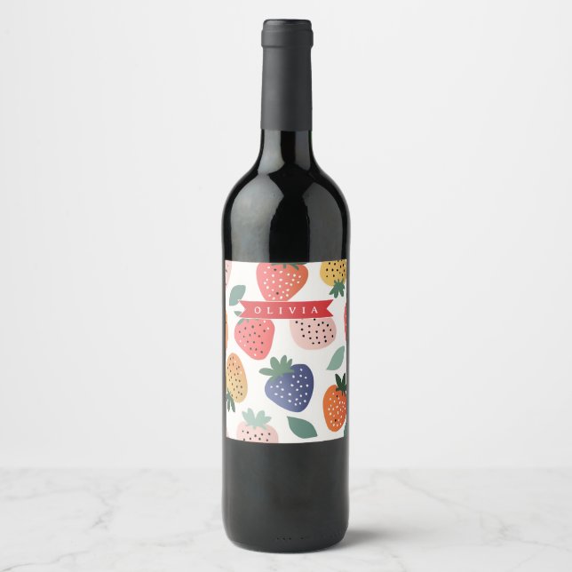 Personalised Summer Colourful Strawberry Pattern Wine Label (Front)