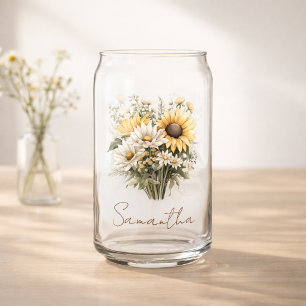 Personalised Summer Daisy Bouquet with Name Can Glass