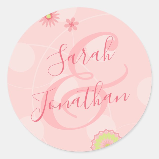 Personalised Summer Floral Pretty Pink Wedding Classic Round Sticker (Front)