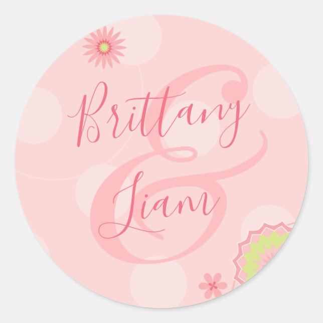 Personalised Summer Floral Pretty Pink Wedding Classic Round Sticker (Front)