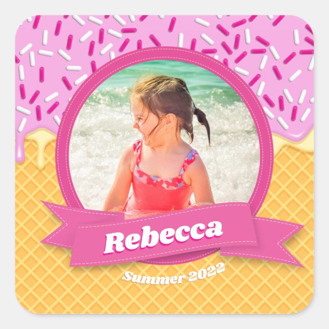 Personalised Summer Pink Ice Cream Waffle Photo  Square Sticker (Front)