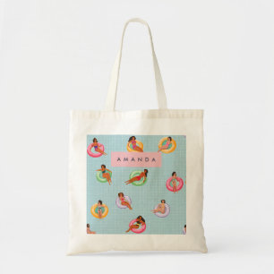 Personalised Summer Women Relaxing on Pool Floats Tote Bag