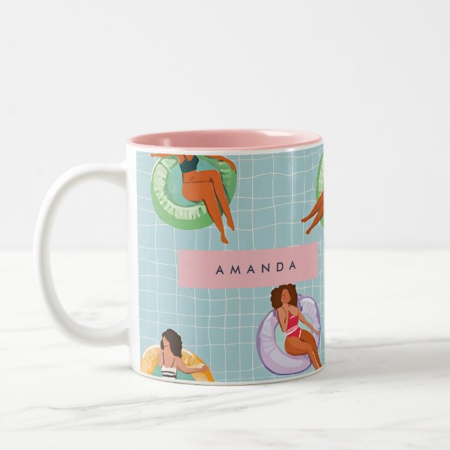 Personalised Summer Women Relaxing on Pool Floats Two-Tone Coffee Mug (Left)