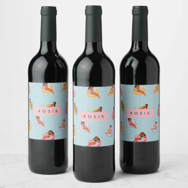 Personalised Summer Women Relaxing on Pool Floats Wine Label (Bottles)