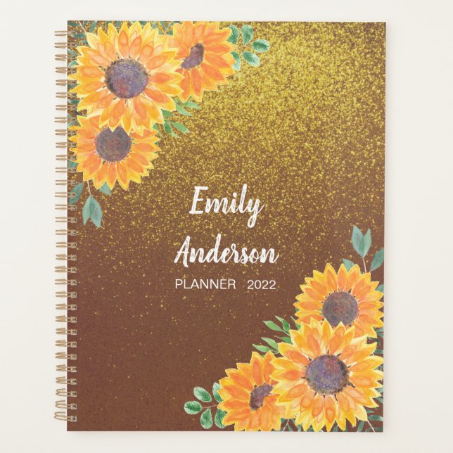 Personalised Sunflower Gold Glitter Planner (Front)