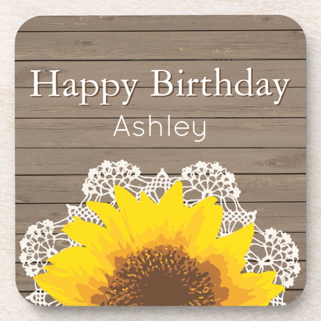 Personalised Sunflower, Lace and Wood Coaster (Front)