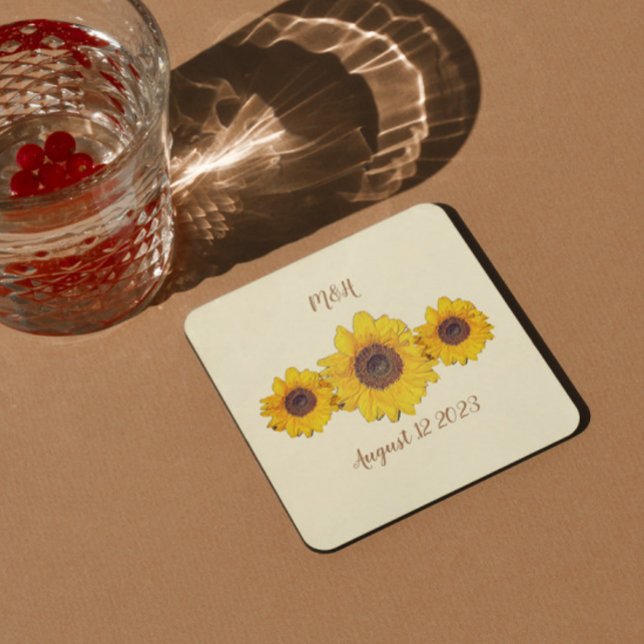 personalised sunflower trio  -   barn wedding square paper coaster (Creator Uploaded)