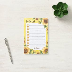 Personalised Sunflower Watercolor To Do List Pad Post-it Notes