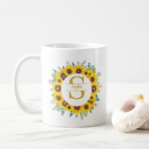 Personalised Sunflower Wreath Monogram & Name Coffee Mug
