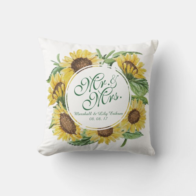 Personalised Sunflower Wreath Wedding Throw Pillow (Front)