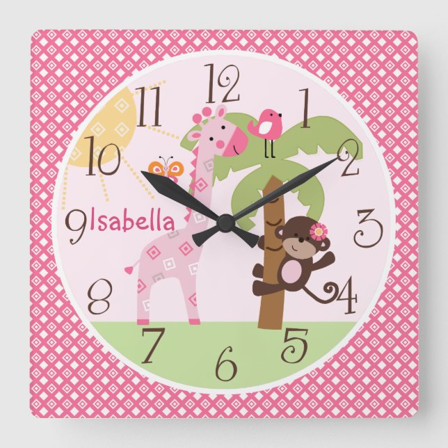 Personalised Sunny Monkey & Giraffe Nursery Clock (Front)