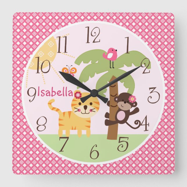Personalised Sunny Monkey & Tiger Nursery Clock (Front)